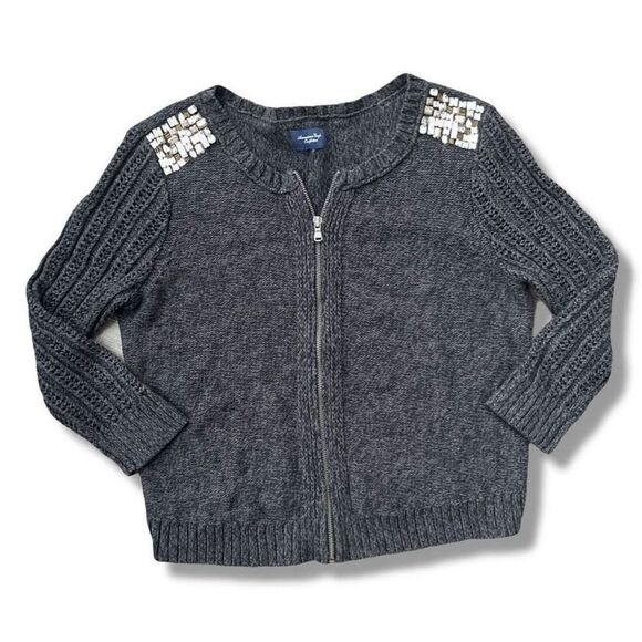 American Eagle Embellished Shoulder Zip Cardigan Sweater Sz S Women’s Grey - Picture 6 of 14